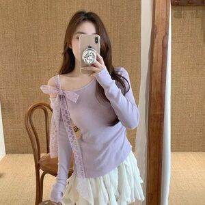 Lavender Sweater with Lace Bow Detail